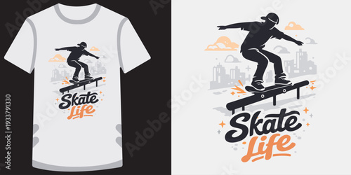 Trendy tshirt design featuring a dynamic skateboarder performing a rail grind trick with vibrant skate life text and urban backdrop elements