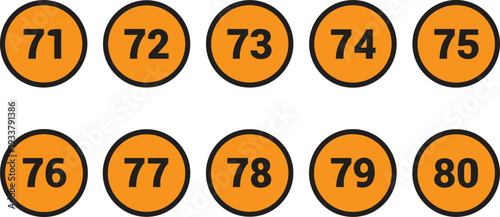 Collection of numbered orange circles from 71 to 80 simple graphic elements for design and counting isolated on white