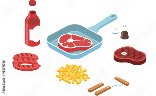 Grilled steak and barbecue ingredients set with frying pan sausages fries and sauce flat vector illustration