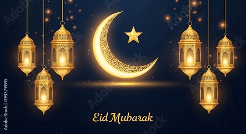 Celebratory scene of eid mubarak with illuminated lanterns and crescent moon
