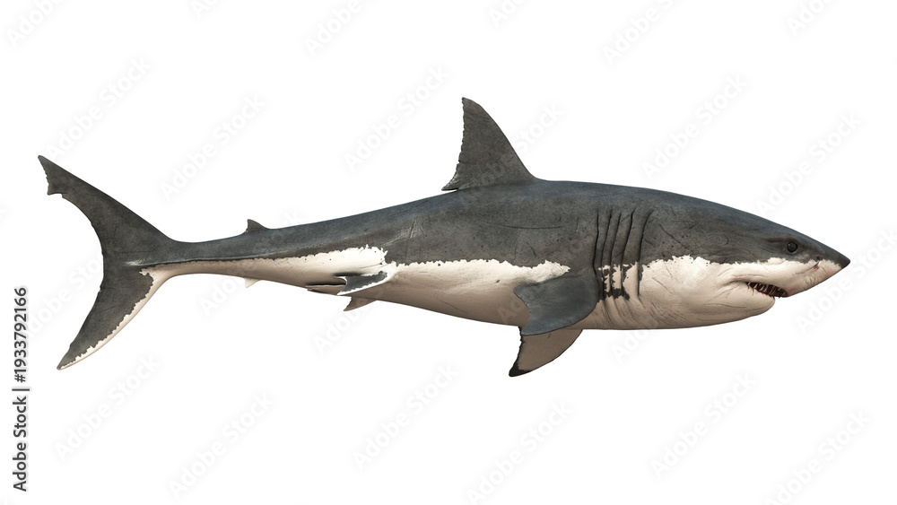Fototapeta premium Side view render of a great white shark isolated on transparent background, showing realistic anatomy and clean silhouette for wildlife and marine design