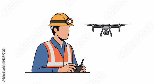 Construction Worker Operating Drone: Aerial Surveying & Inspection with UAV Remote Control for Modern Jobsite Technology