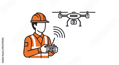 Construction Worker Operating Industrial Drone Icon for Surveying, Inspection, and Site Monitoring with Remote Control