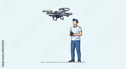 Man Operating Drone with Remote Control - Modern Aerial Technology, Hobby, and Commercial Use Illustration