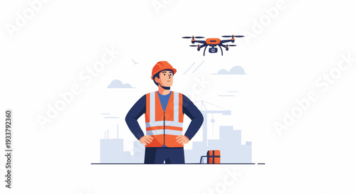 Industrial Engineer or Construction Worker Supervising Drone Technology for Site Inspection and Monitoring. Modern Safety and Efficiency.