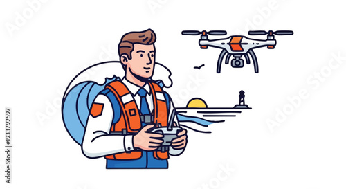 Drone Operator in Life Vest Flying UAV for Coastal Surveillance and Maritime Search & Rescue Illustration
