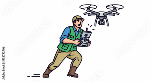 Man operating a drone with remote control, piloting a quadcopter. Vector illustration of a drone pilot for modern technology, aerial photography, and survey concepts.