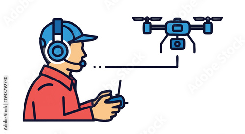Drone Pilot Operating UAV with Remote Control and Headset Icon for Aerial Surveillance, Delivery, and Mapping Services