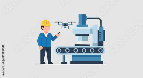 Smart Factory Automation: Worker with Drone Inspecting Production Line & Modern Manufacturing Processes
