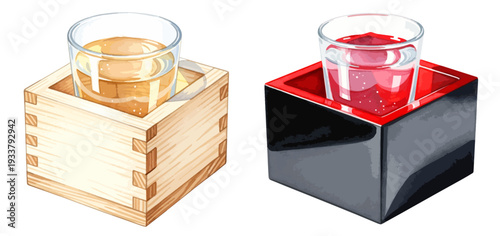 枡に入った日本酒グラス2種セットイラスト｜木製枡と黒枡