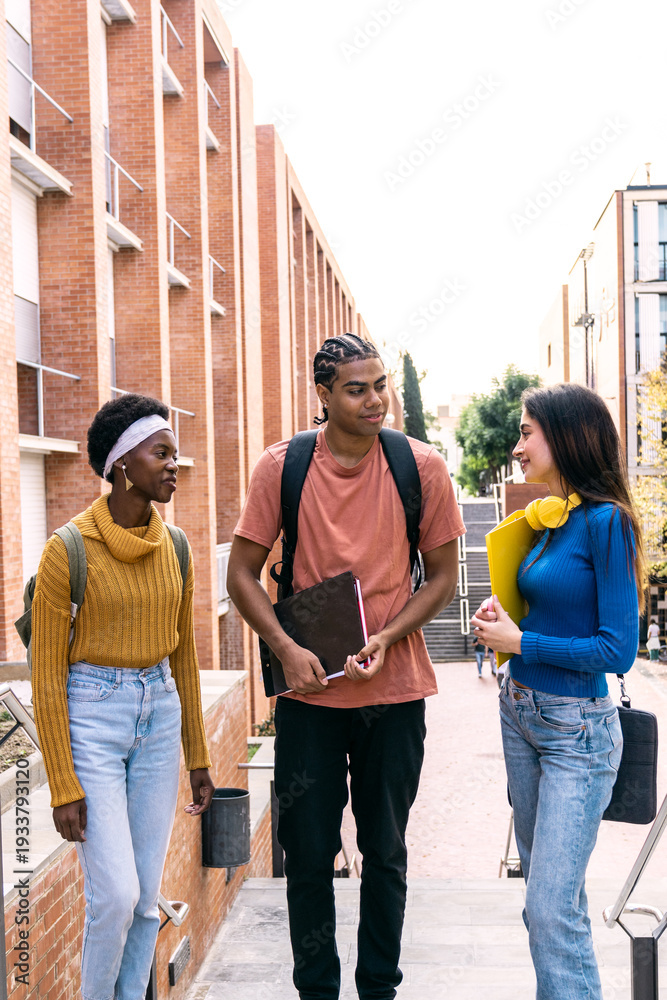 Obraz premium Multiracial young students carrying notebooks and backpacks, talking and walking on campus, embracing friendship and education
