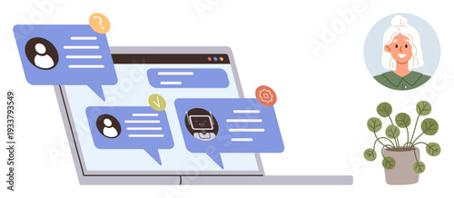 Online communication, virtual support, remote assistance, digital interaction, customer service, chatbots. A laptop displaying chat messages. Online communication and virtual support concept