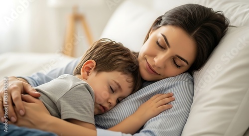 Calm Mother and Child Resting on Bed in Soft Light