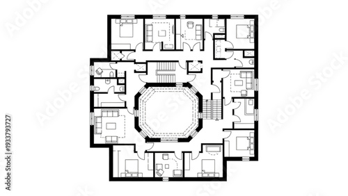 High Quality Black Line Art of Ancient Egyptian Mudbrick House Floor Plan with Compact Rooms and Storage Spaces, Top View Architectural Layout Illustration