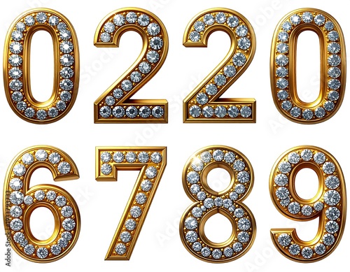 A set of numbers from zero to nine, crafted with a gold outline, each studded with numerous sparkling diamonds