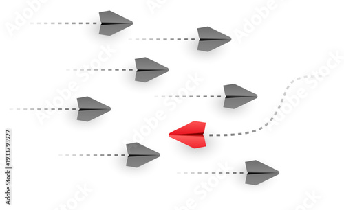 Paper planes flying in one direction with one red plane moving opposite, individuality and independence concept
