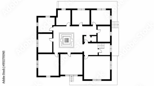 High Quality Black Line Art of Ancient Greek House Floor Plan with Simple Rectangular Rooms and Central Hearth Area, Top View Architectural Layout Illustration