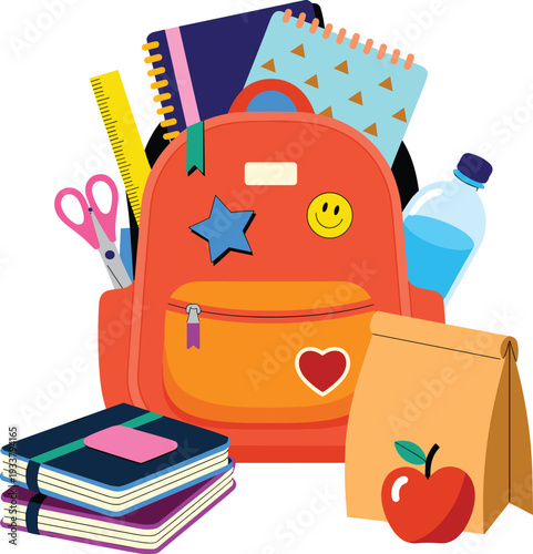 Red School Backpack with Stationery and Lunch Box Vector Illustration for Back to School Graphic Design Elements