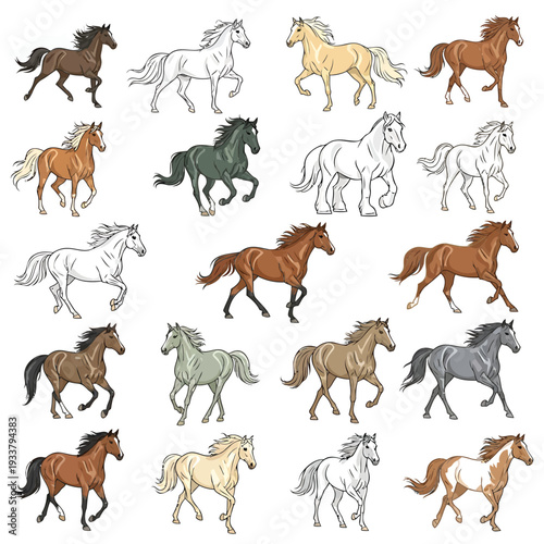 Collection of horses in various colors and styles running freely in a grid pattern illustrations