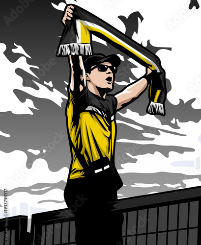 an ultras hooligan casual football fans standing on the fence of the tribune vector illustration design