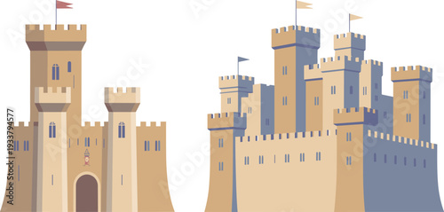 Medieval Stone Castle Vector Illustration Set with Fortified Towers and Ancient Kingdom Walls for Fantasy Design