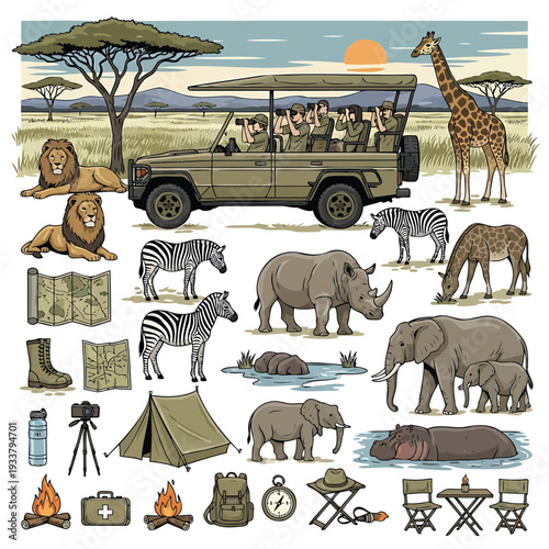 Safari Tour Group Observing Wildlife in Savanna Landscape from Open-Topped Vehicle