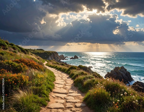 Wallpaper Mural A sunlit coastal path winds alongside the ocean, a path flanked by wildflowers and lush green foliage, leading towards cliffs Torontodigital.ca