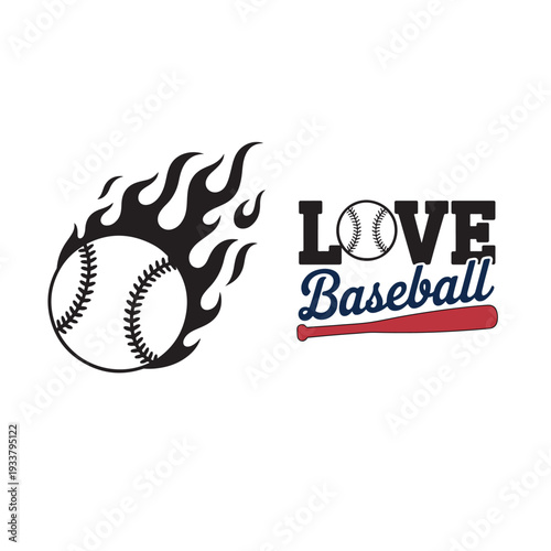 Baseball love sports flame ball bat graphic design elements isolated on white background