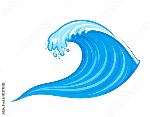 Wallpaper Mural A stylized cartoon illustration of a curling ocean wave, depicted in shades of blue and white, against a solid white background Torontodigital.ca