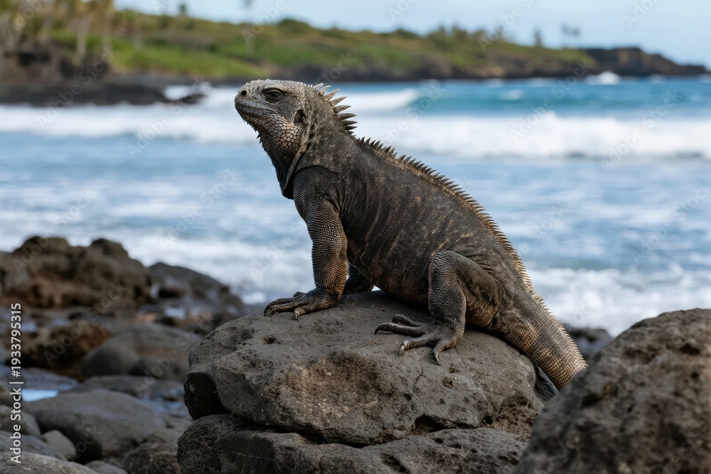 Fototapeta premium A marine iguana perches on rocky shore with ocean waves in the background