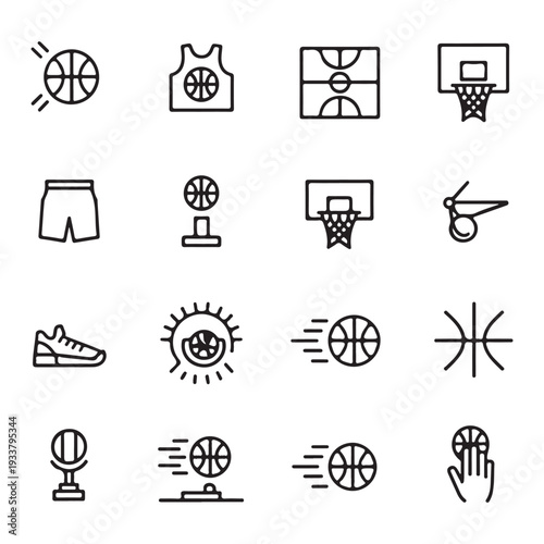 Collection of line icons related to basketball and sports equipment on white background