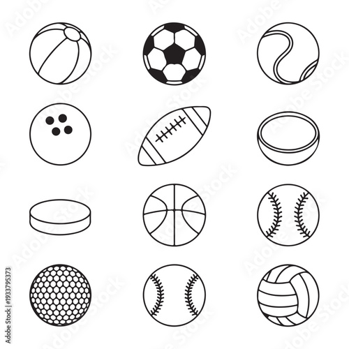 Collection of various sports balls icons including soccer basketball baseball tennis and more on white background