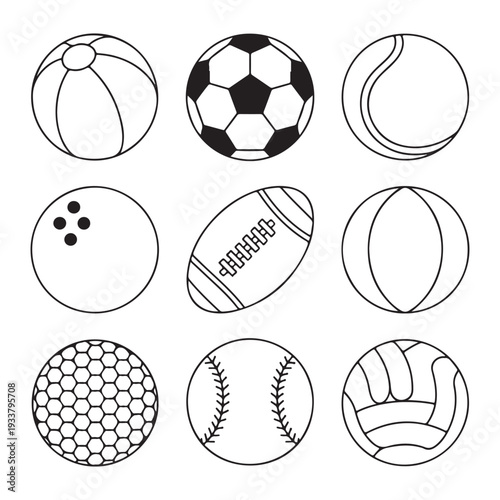 Various sports balls icons including soccer ball football baseball cricket ball tennis ball bowling ball rugby ball  isolated on white background