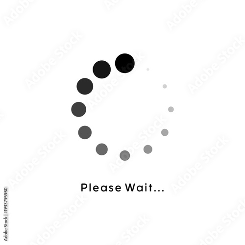 Minimalist circular loading progress icon with dotted spinner and please wait text on a solid white background for digital UI UX.