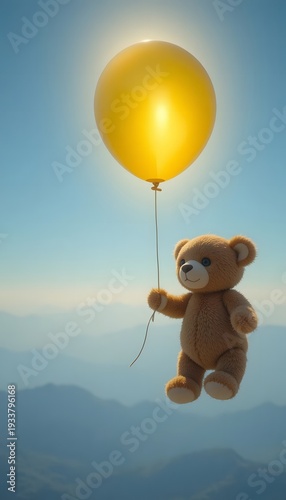 Plush Teddy Bear Floating with Balloon in Bright Blue Sky