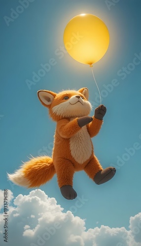 Plush Fox Floating with Yellow Balloon in Clear Sky