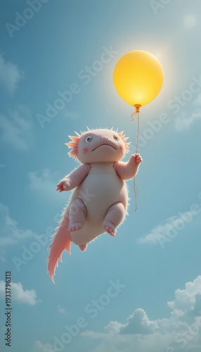 Plush Axolotl Floating with Yellow Balloon in Blue Sky
