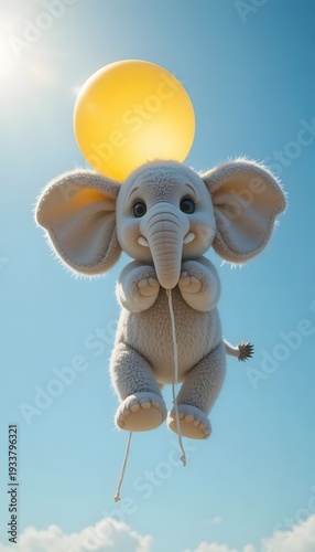Plush Baby Elephant Floating with Balloon in Blue Sky