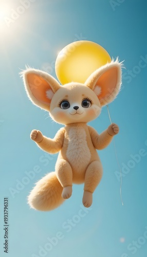 Plush Fennec Fox Floating with Balloon in Blue Sky