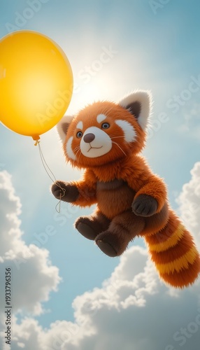 Plush Red Panda Floating with Yellow Balloon in Sky