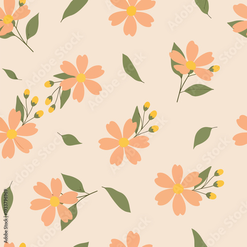 Delicate Floral Pattern Vector Illustration with Gentle Blooming Flowers and Scattered Leaves on a Light Background