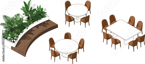 Restaurant furniture set with dining tables chairs and indoor plant decor isometric vector illustration collection