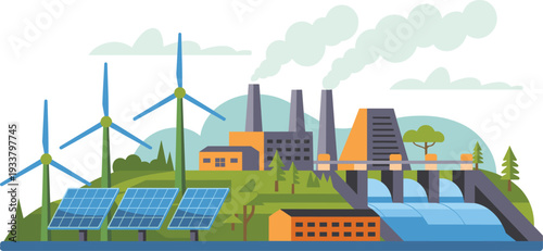 Green Energy Power Plant Illustration with Wind Turbines Solar Panels and Hydroelectric Dam for Sustainable Environment Design