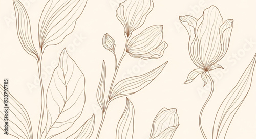 Delicate floral illustration with blooming flowers and leaves.