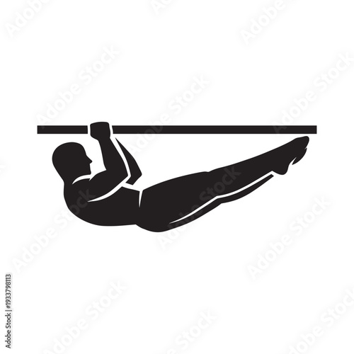 Minimalist black silhouette of a male athlete performing a front lever hold on a horizontal bar. Ideal for calisthenics, gymnastics, fitness branding, and street workout logo designs.
