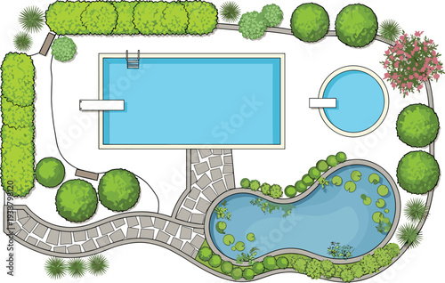 Top view vector illustration of a backyard landscape design plan featuring a large swimming pool circular jacuzzi stone path garden pond and green vegetation.