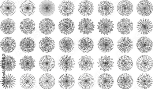 Large collection of black and white architectural landscape design tree symbols from top view for garden planning park layout master site map greenery project.