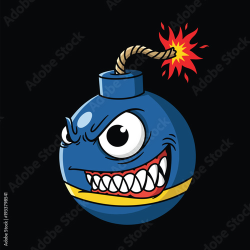 Vector illustration of a mischievous, fuming cartoon bomb character ready to detonate with a lit fuse on a dark background.