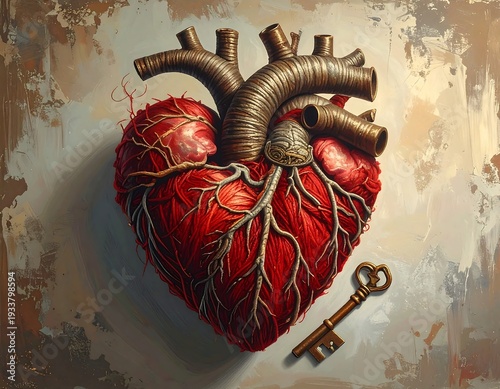 Wallpaper Mural A stylized heart, rendered in rich reds and browns, resting on an abstract, textured background. A key lies beside it Torontodigital.ca