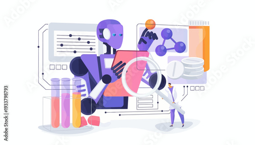 Robots interact with a laboratory setup surrounded by scientific data